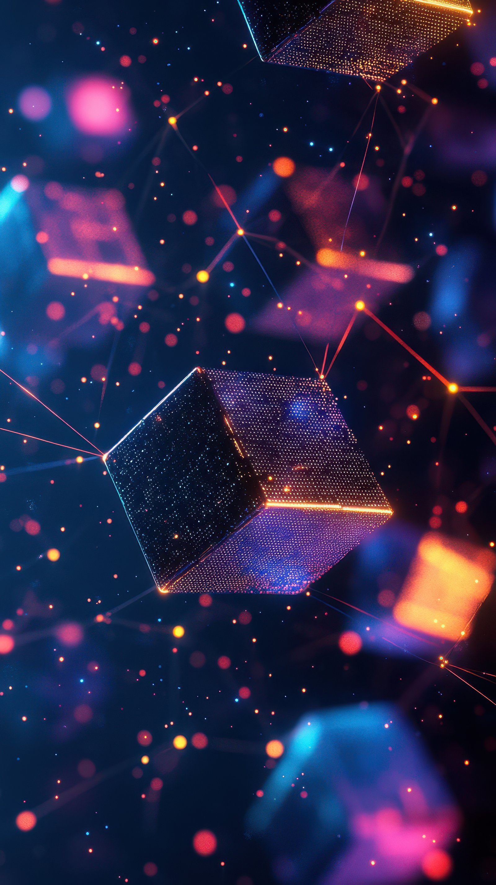 Colorful abstract digital cubes floating in dark space with glowing particles creating a futuristic atmosphere